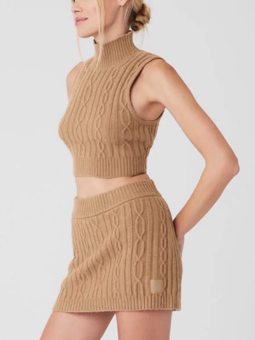 Alo Set - Cable Knit Winter Bliss Mock Neck Tank + Mini Skirt Toasted Almond NWT